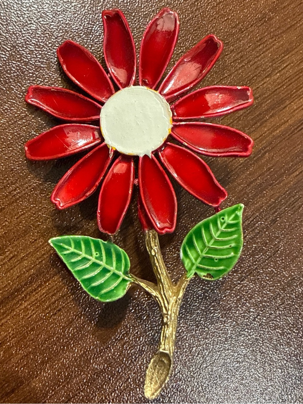 Vintage ART Arthur Pepper Brooch Red Enamel Daisy Flower 1960's Spring Large